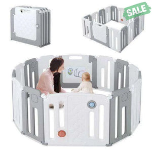 14 Panels Kids Safety Activity Play Center with Drawing Board-Gray Gray Baby Playpen & Playards