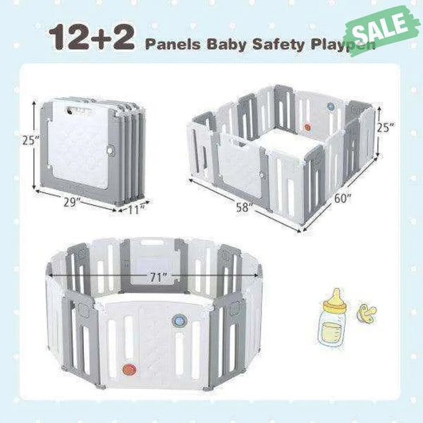 14 Panels Kids Safety Activity Play Center with Drawing Board-Gray Gray Baby Playpen & Playards