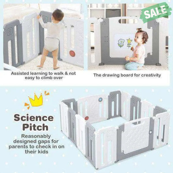 14 Panels Kids Safety Activity Play Center with Drawing Board-Gray Gray Baby Playpen & Playards