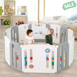 14 Panels Kids Safety Activity Play Center with Drawing Board-Gray Gray Baby Playpen & Playards
