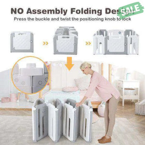 14 Panels Kids Safety Activity Play Center with Drawing Board-Gray Gray Baby Playpen & Playards