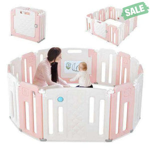 14 Panels Kids Safety Activity Play Center with Drawing Board-Gray Gray Baby Playpen & Playards