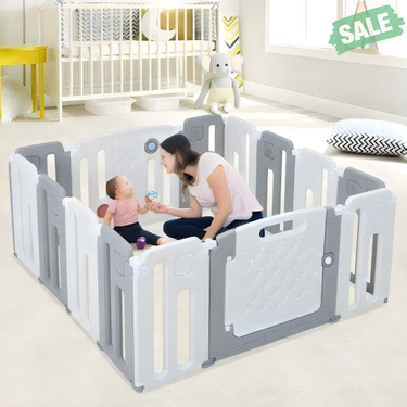 14 Panels Kids Safety Activity Play Center with Drawing Board in Gray - Ideal Baby Playpen for Safe Playtime.