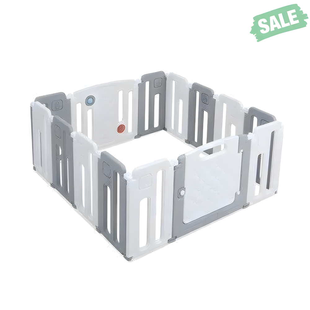 14 Panels Kids Safety Activity Play Center with Drawing Board in Gray - Ideal Baby Playpen for Safe Playtime.