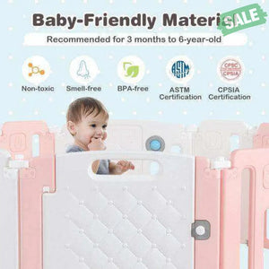 14 Panels Kids Safety Activity Play Center with Drawing Board-Pink