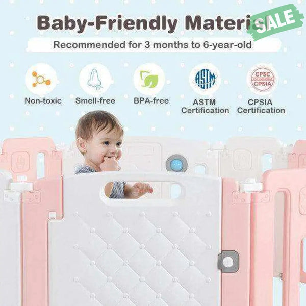 14 Panels Kids Safety Activity Play Center with Drawing Board-Pink