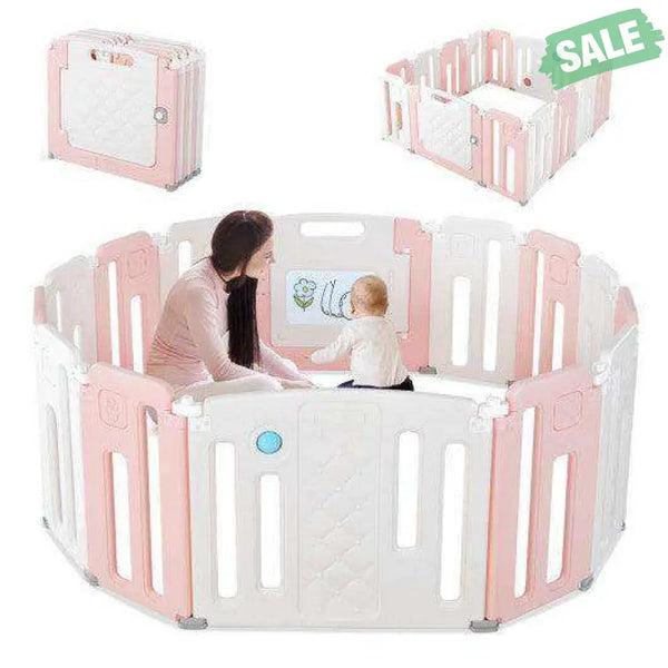 14 Panels Kids Safety Activity Play Center with Drawing Board-Pink