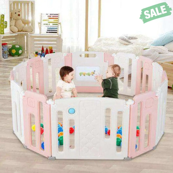 14 Panels Kids Safety Activity Play Center with Drawing Board-Pink