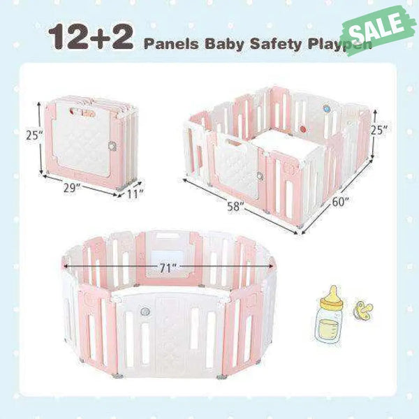 14 Panels Kids Safety Activity Play Center with Drawing Board-Pink