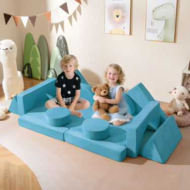 14 PCS Blue Modular Kids Play Couch for Playroom and Bedroom - Comfortable seating for children.
