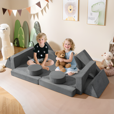 14 PCS Modular Kids Play Couch in Gray for Playroom and Bedroom - Versatile Seating for Children.