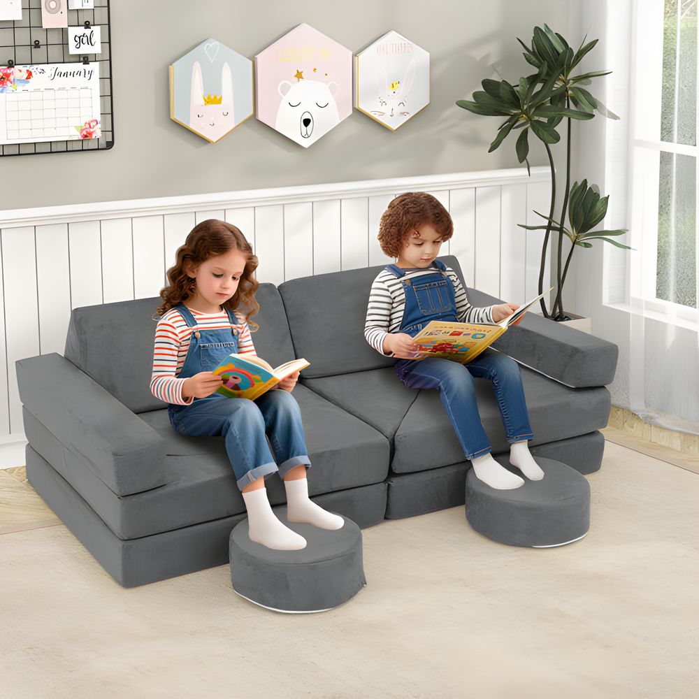 14 PCS Modular Kids Play Couch in Gray for Playroom and Bedroom - Versatile Seating for Children.