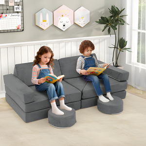 14 PCS gray modular kids play couch for playroom and bedroom, perfect for seating and creative play.