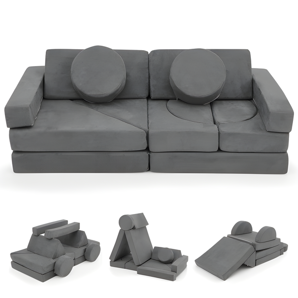 14 PCS gray modular kids play couch for playroom and bedroom, perfect seating for children’s fun and creativity.