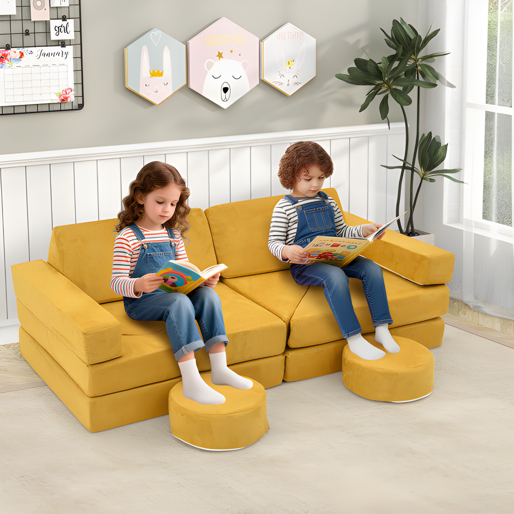 14 PCS Yellow Modular Kids Play Couch for Playroom and Bedroom - Versatile seating for fun and creativity.
