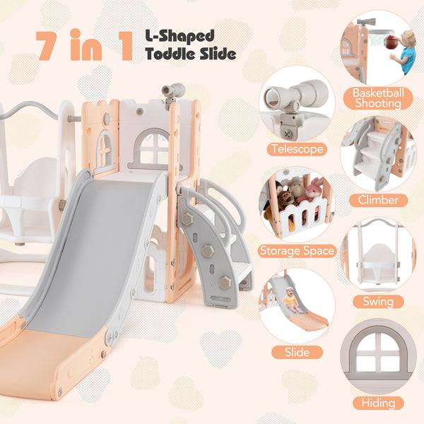 7-in-1 Toddler Swing and Slide Set L-shaped with Ladder and Basketball Hoop