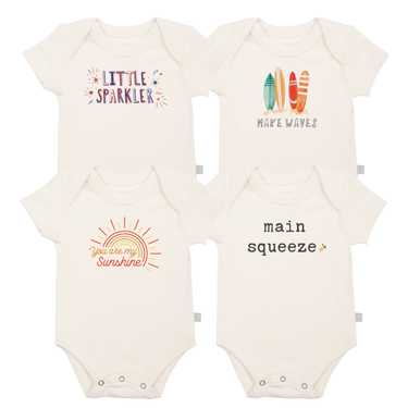 "Summer 4 pack graphic bodysuit set for babies, includes 1 free bodysuit, vibrant designs for stylish comfort."