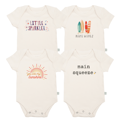"Summer 4 pack graphic bodysuit set for babies, includes 1 free bodysuit, vibrant designs for stylish comfort."