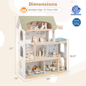 Wooden Dollhouse Kids DIY Pretend Playhouse with 33 PCS Furniture Accessories