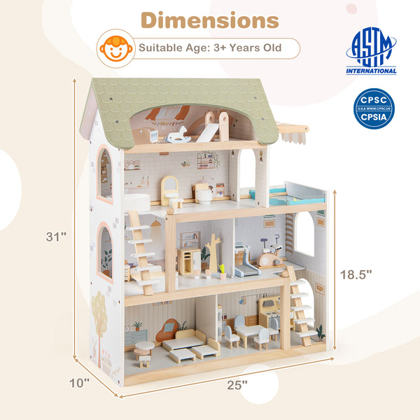 Wooden Dollhouse Kids DIY Pretend Playhouse with 33 PCS Furniture Accessories