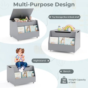 Wooden mobile toy storage organizer with bookshelf and lockable wheels for baby bedding and sleep essentials.