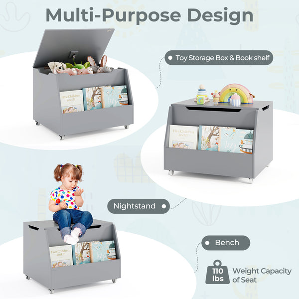Wooden mobile toy storage organizer with bookshelf and lockable wheels for baby bedding and sleep essentials.