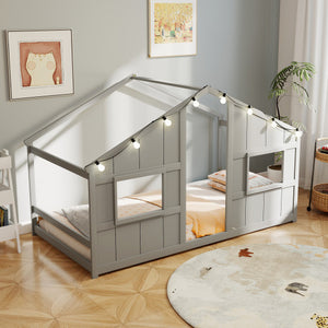Twin Size House Bed with LED Lights Montessori Slat-free Floor Bed-Grey