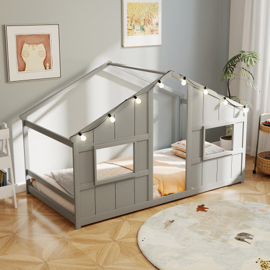 Twin Size House Bed with LED Lights Montessori Slat-free Floor Bed-Grey