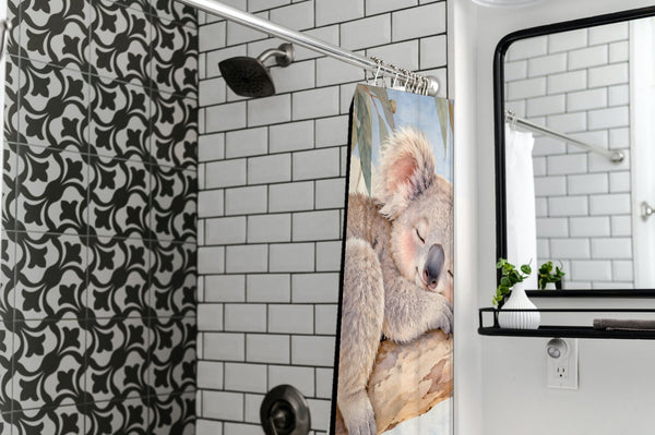 Sleepy Koala shower curtain in a modern farmhouse bathroom with subway tile