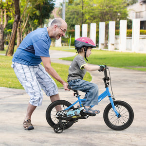 12-inch kids bike with removable training wheels for ages 3, shown at angle 9, perfect for young riders.