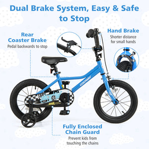 12-inch kids bike with removable training wheels, perfect for ages 3, shown at angle 14. Ideal toy for young riders.
