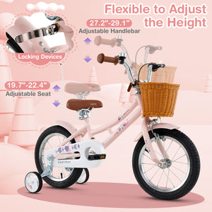 16-inch retro kids bike with adjustable height and basket for ages 4-7, viewed at a 30-degree angle.