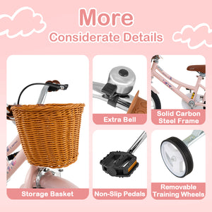 16-inch retro kids bike with adjustable height and basket for ages 4-7, angled view showcasing design and features.