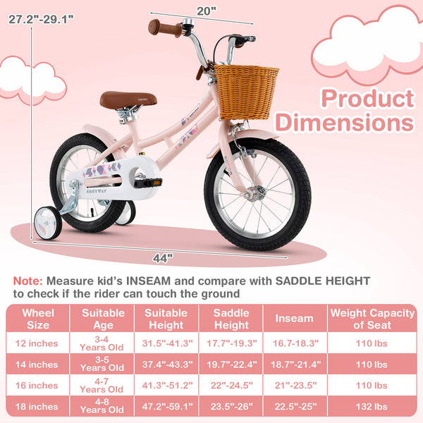 16-inch retro kids bike with adjustable height and basket for ages 4-7, viewed at a 27-degree angle.
