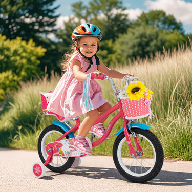 14-inch girls bike for kids 3-5 with doll seat and training wheels, perfect for outdoor fun and play.