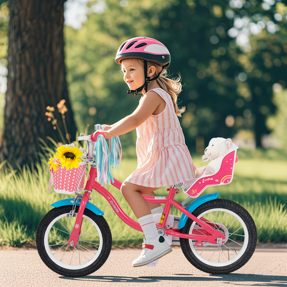 14-inch girls bike for kids 3-5 with doll seat and training wheels, perfect for outdoor fun and play.