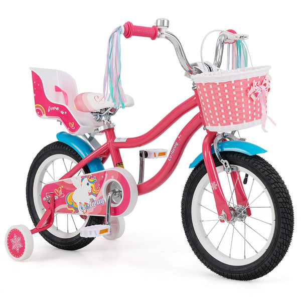 14-inch girls bike for ages 3-5 with doll seat and training wheels, shown from angle 3. Perfect for outdoor fun!