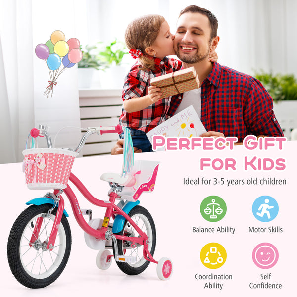 14-inch girls bike for kids 3-5 with doll seat and training wheels, perfect for outdoor fun and playtime adventures.