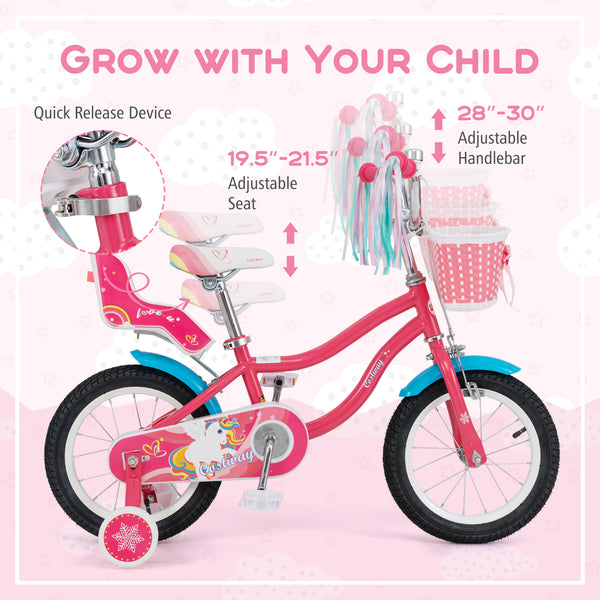 14-inch girls bike for ages 3-5 with doll seat and training wheels, perfect for outdoor fun and playtime adventures.
