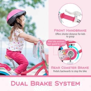 14-inch girls bike for kids 3-5 with doll seat and training wheels, angled view showcasing vibrant design.