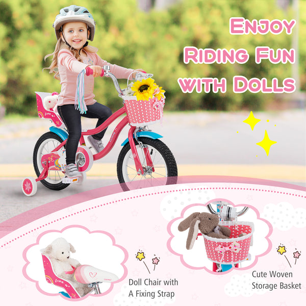 14-inch girls bike for kids 3-5 with doll seat and training wheels, angled view showcasing vibrant design.