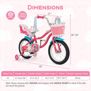 14-inch girls bike for ages 3-5 with doll seat and training wheels, perfect for outdoor fun and play.