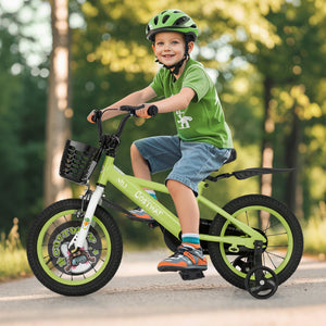 16-inch kids bike with adjustable seat and detachable training wheels for ages 4-8, angled view.