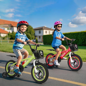 16-inch kids bike with adjustable seat and detachable training wheels for ages 4-8, shown at a 26-degree angle.
