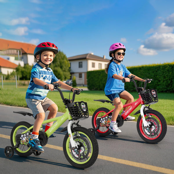 16-inch kids bike with adjustable seat and detachable training wheels for ages 4-8, shown at a 26-degree angle.