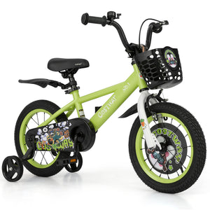 16-inch kids bike with adjustable seat and detachable training wheels for ages 4-8, viewed at a 27-degree angle.