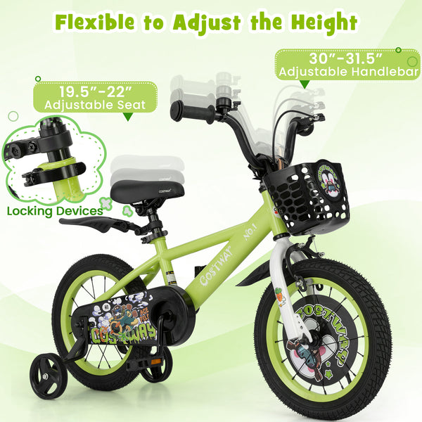 16-inch kids bike with adjustable height and detachable training wheels for ages 4-8, shown at angle 29.