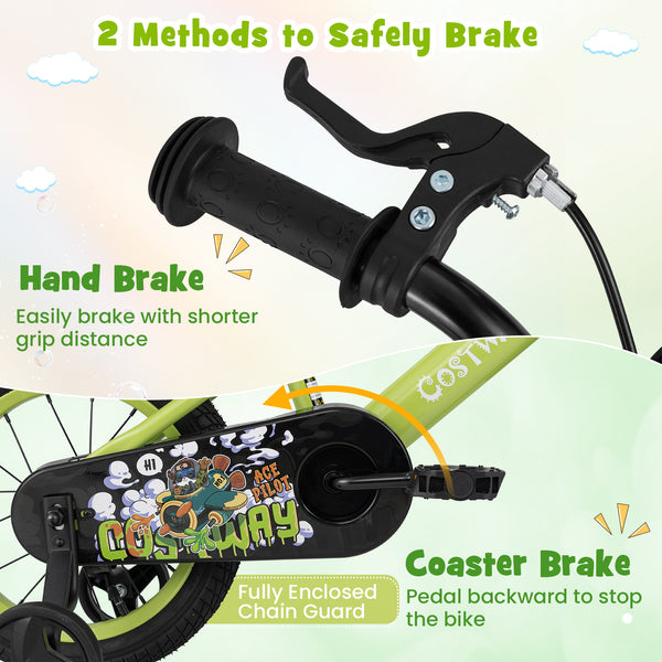 16-inch kids bike with adjustable height and detachable training wheels for ages 4-8, viewed at a 30-degree angle.