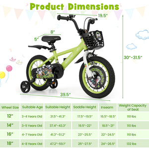 16-inch kids bike with adjustable seat and detachable training wheels for ages 4-8, shown at a 28-degree angle.