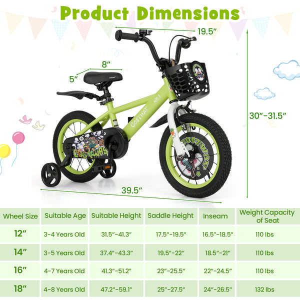 16-inch kids bike with adjustable seat and detachable training wheels for ages 4-8, shown at a 28-degree angle.